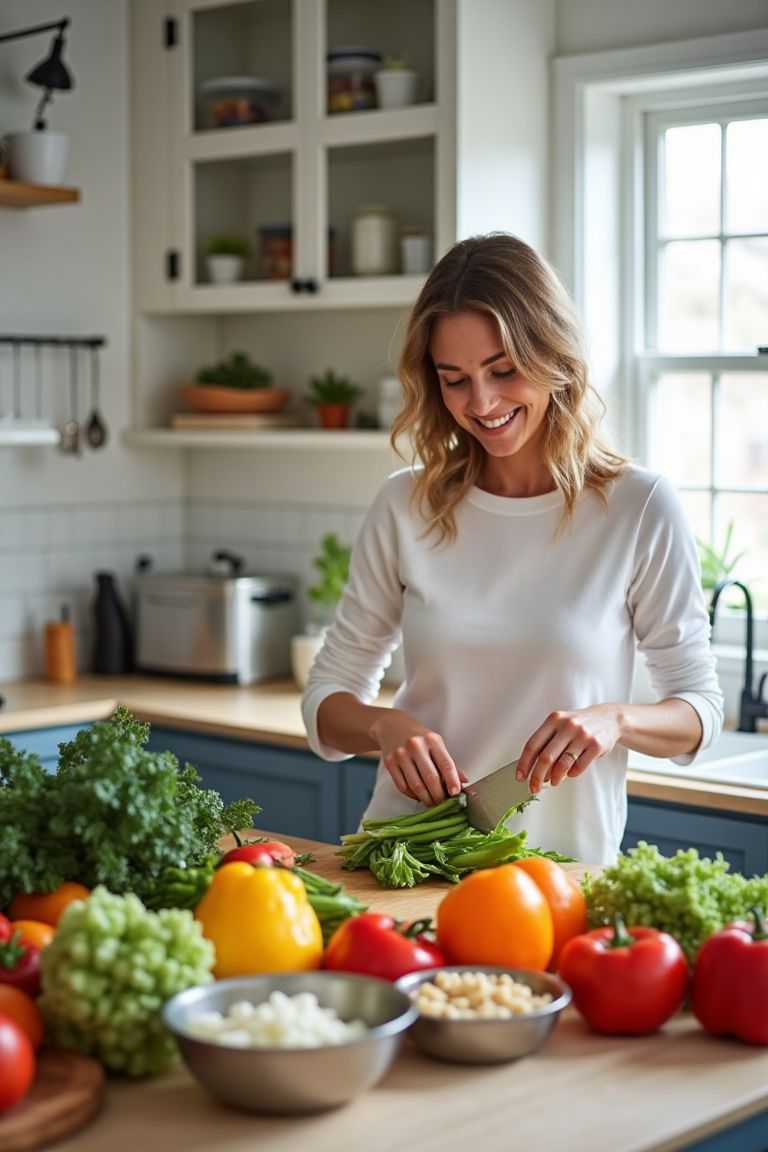 Person organizing weekly meal ingredients in a bright kitchen environment