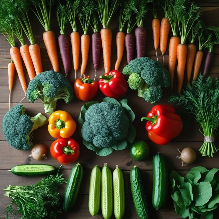 Array of colorful vegetables, legumes, grains, and herbs displayed on a wooden surface