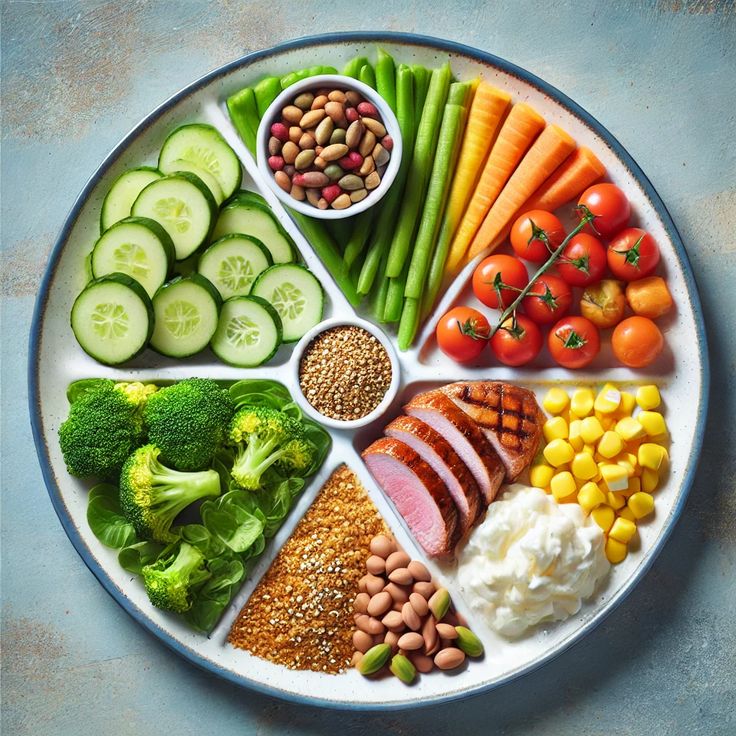 Seven different colorful meals displayed representing diverse daily food choices